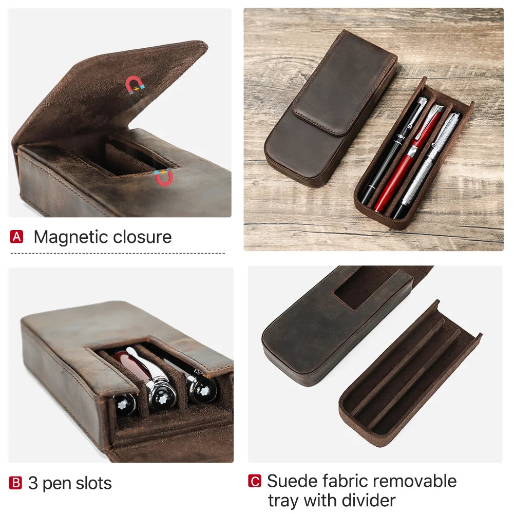 Genuine Leather Pen Case with Removable Tray