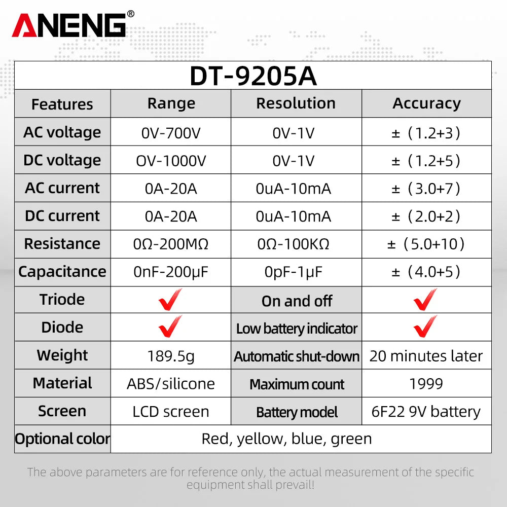 Multimètre numérique DT9205A - Testeur de transistor AC/DC, plage automatique