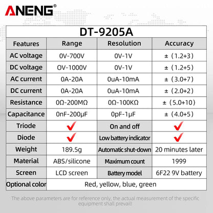 Multimètre numérique DT9205A - Testeur de transistor AC/DC, plage automatique