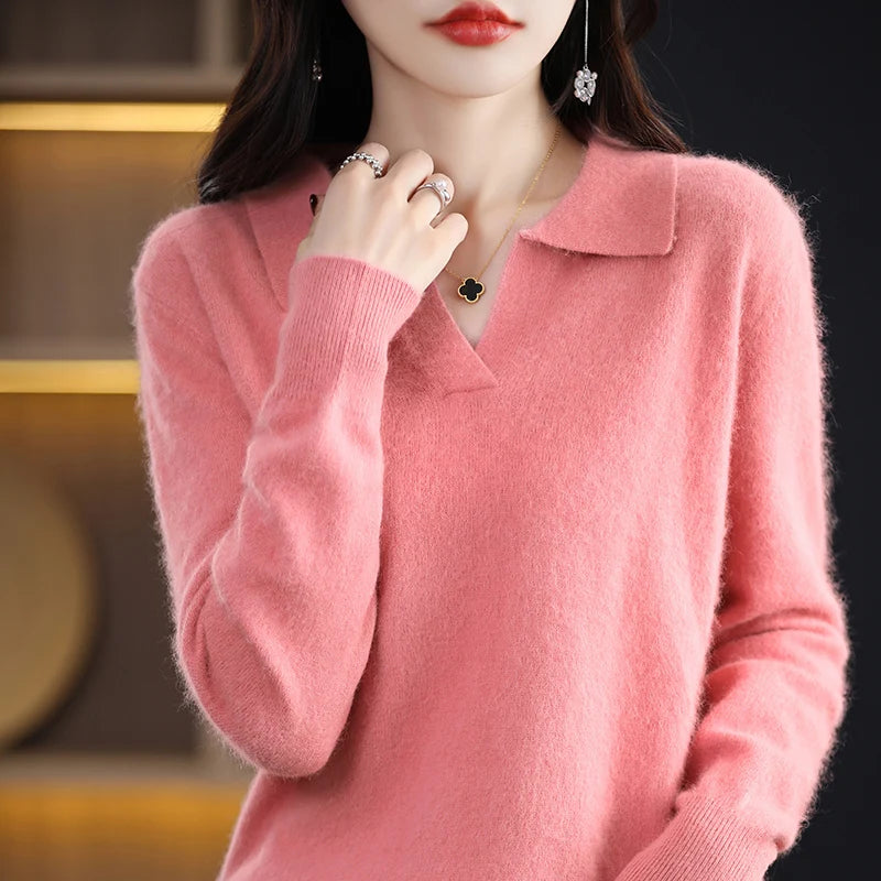 Pulls polo tricotés à manches longues en pur vison et cachemire pour femmes