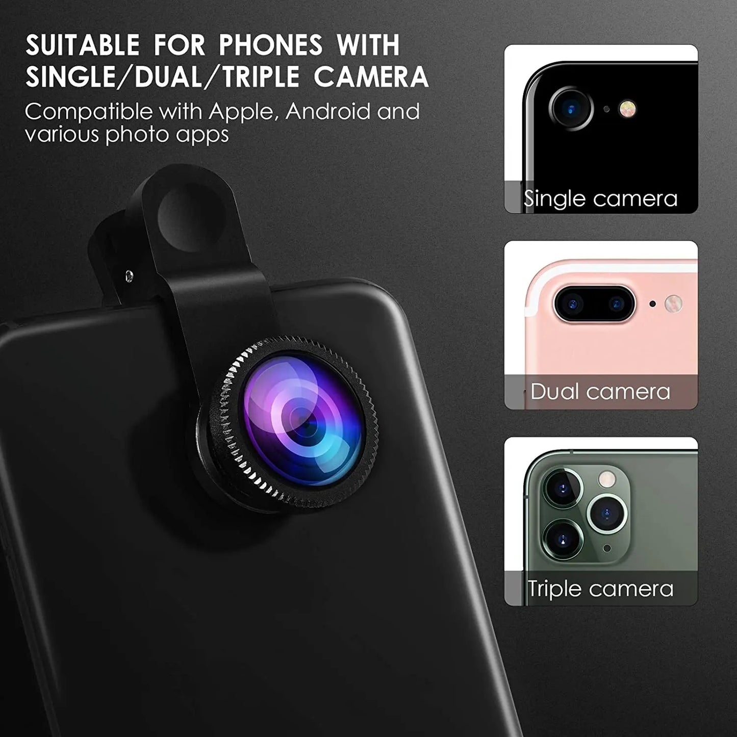 Objectif de téléphone Fisheye 3 en 1 : grand angle 0,67X, zoom Fish Eye, kit d'appareil photo à objectif macro avec clip pour smartphone