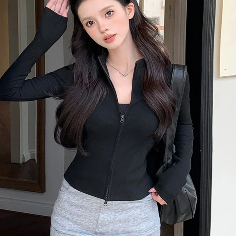 Pull tricoté à manches longues et double fermeture éclair avec col en cuir pour femme 