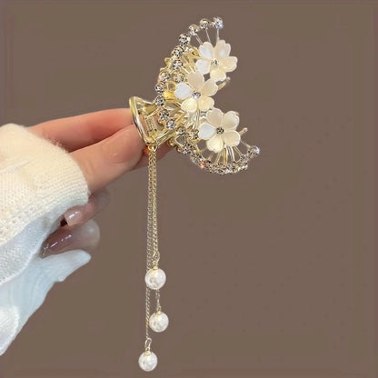 Rhinestone Pearl Tassel Hair Clip