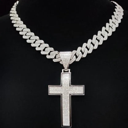 Collier pendentif croix brillante pour hommes et femmes avec chaîne cubaine