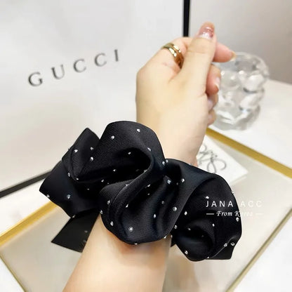 Silk Satin Rhinestone Scrunchie - Black Elastic Hair Tie