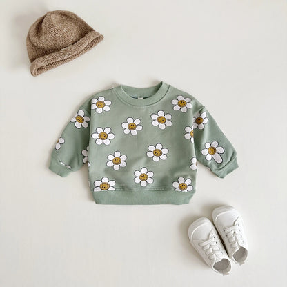 Children's  Smiling Face Flower Pattern Printed Round Neck Top