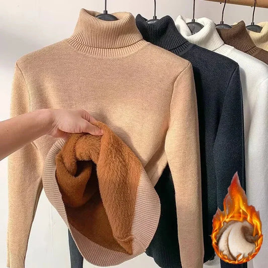 Velvet-Lined Turtleneck Winter Sweater