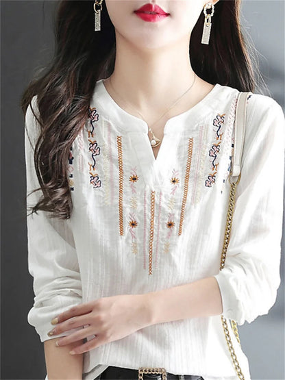 V-Neck Loose Blusas: Women's White Long Sleeve Tops