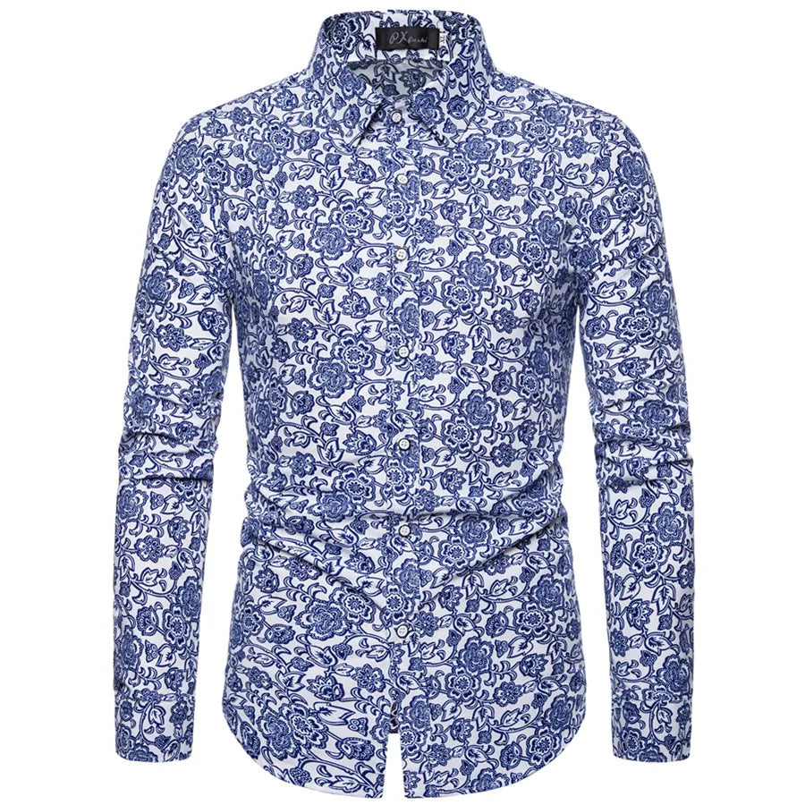 Chemise à manches longues à revers de style vacances à imprimé floral pour hommes