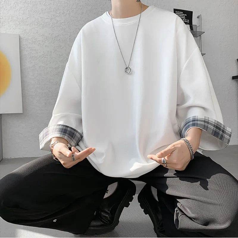 Men's Loose Plaid Casual Seven sleeves T-Shirt