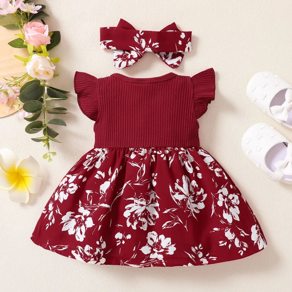 Newborn Baby Girl's Korean-style Floral Dress with Butterfly Sleeves
