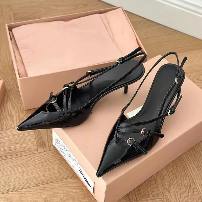 Black Hollow Silk Pointed High Heel Sandals