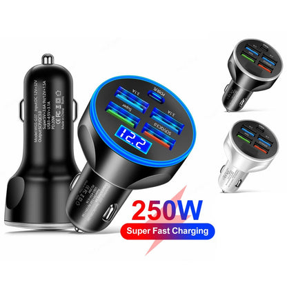 250W 5-Port USB Car Charger - Type C Fast Charging PD QC3.0 Super Charger Adapter