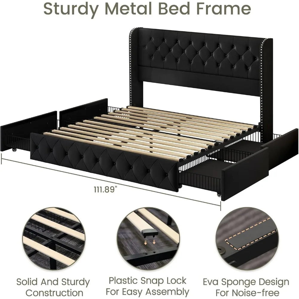 Queen Bed Frame with 4 Storage Drawers and Adjustable Headboard Upholstered Platform Bed