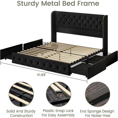 Queen Bed Frame with 4 Storage Drawers and Adjustable Headboard Upholstered Platform Bed