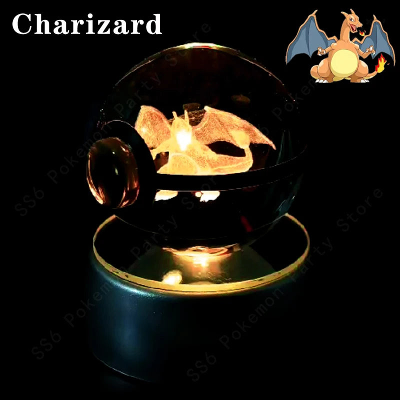 Pokemon Crystal Ball Night Light 3D Pikachu Gengar Mew Mewtwo Lamp Base Pokeball Glass Ball Figure