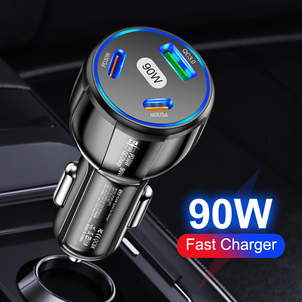 90W Fast Charger  3 Ports PD USB Car Charging Adapter - Quick Charger