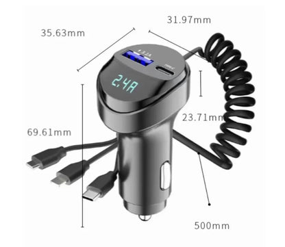 55W 2-Port USB Car Phone Charger 3.1A with Voltage Display Three-In-One USB Retractable Charging Cable