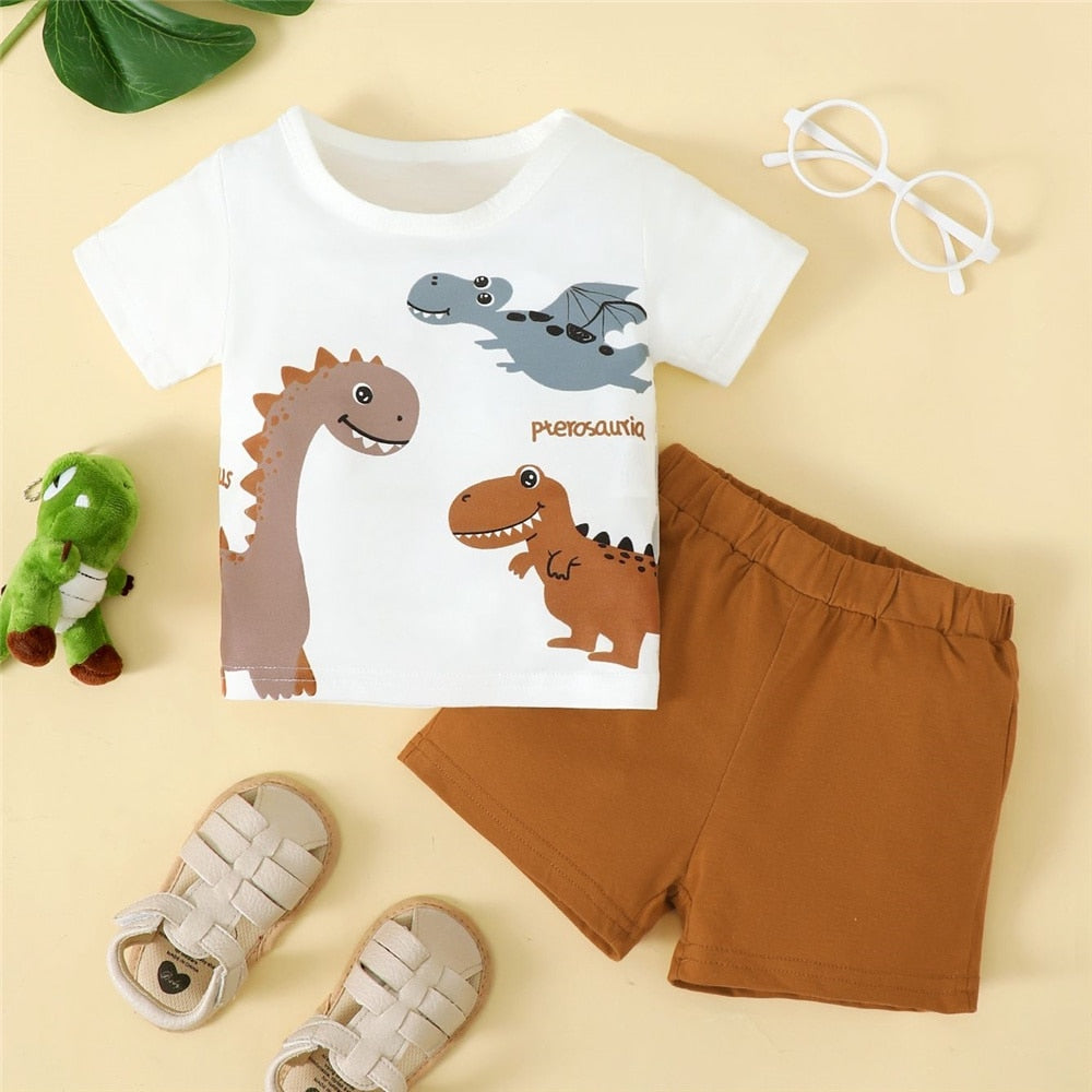 2-teiliges Set mit niedlichem Cartoon-Oberteil und braunen Shorts für Babys mit Dino-Motiv