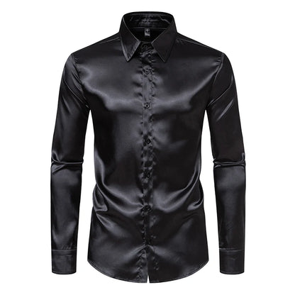 Men's Slim Fit Black Satin Dress Shirt