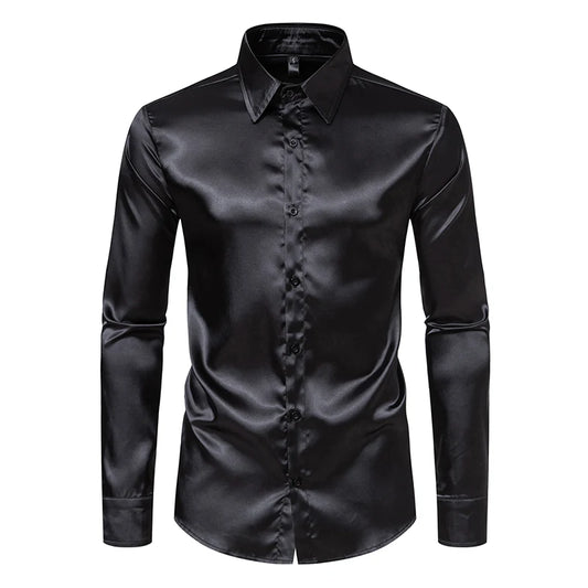 Chemise habillée en satin noir coupe slim pour hommes