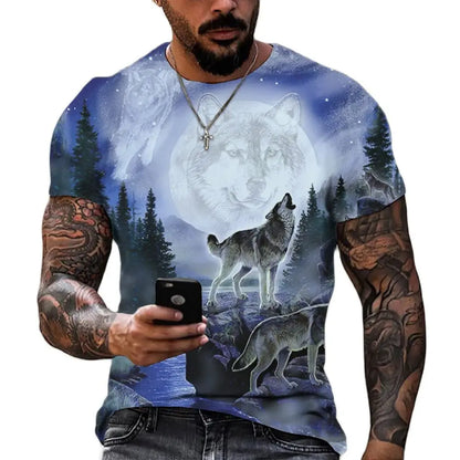 T-shirt streetwear surdimensionné à imprimé loup 3D pour hommes