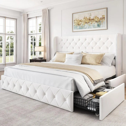 Queen Bed Frame with 4 Storage Drawers and Adjustable Headboard Upholstered Platform Bed