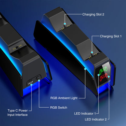 PS5 Controller Charger RGB Fast Charging Station For PlayStation5 Wireless Game Controllers Charging Stand Gamepad