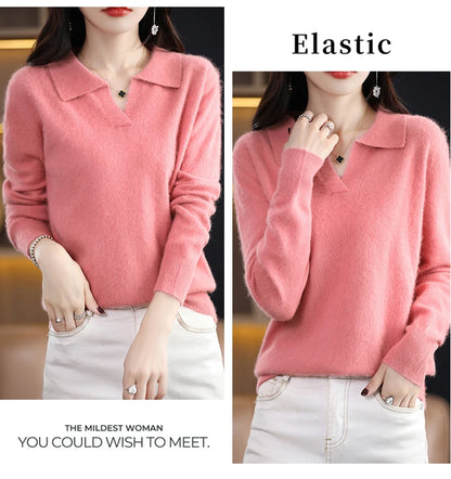 Pulls polo tricotés à manches longues en pur vison et cachemire pour femmes