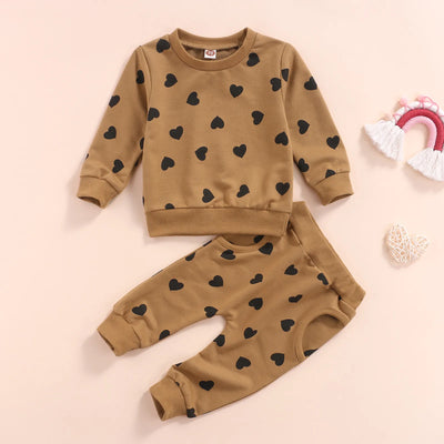Infant Baby Girls Boys Fall Outfits Heart Print Crew Neck Long Sleeve Pullover Sweatshirt Long Pants Toddler Casual Clothing
