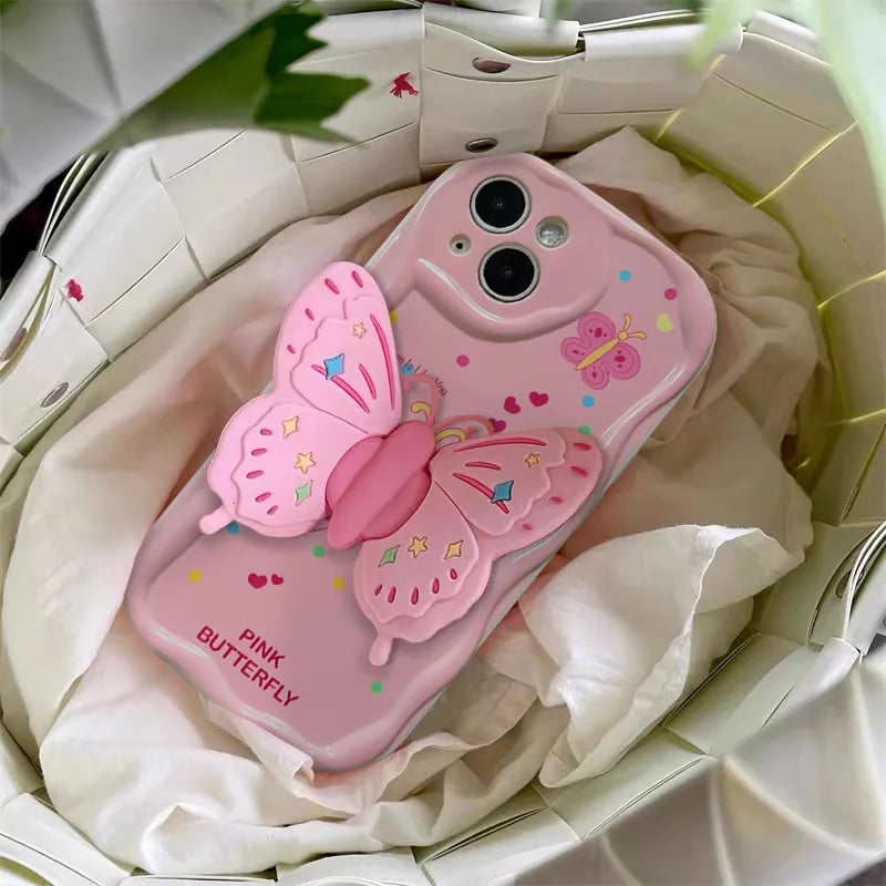 Pink Butterfly Holder Case for iPhone - Stand & Silicone Cover