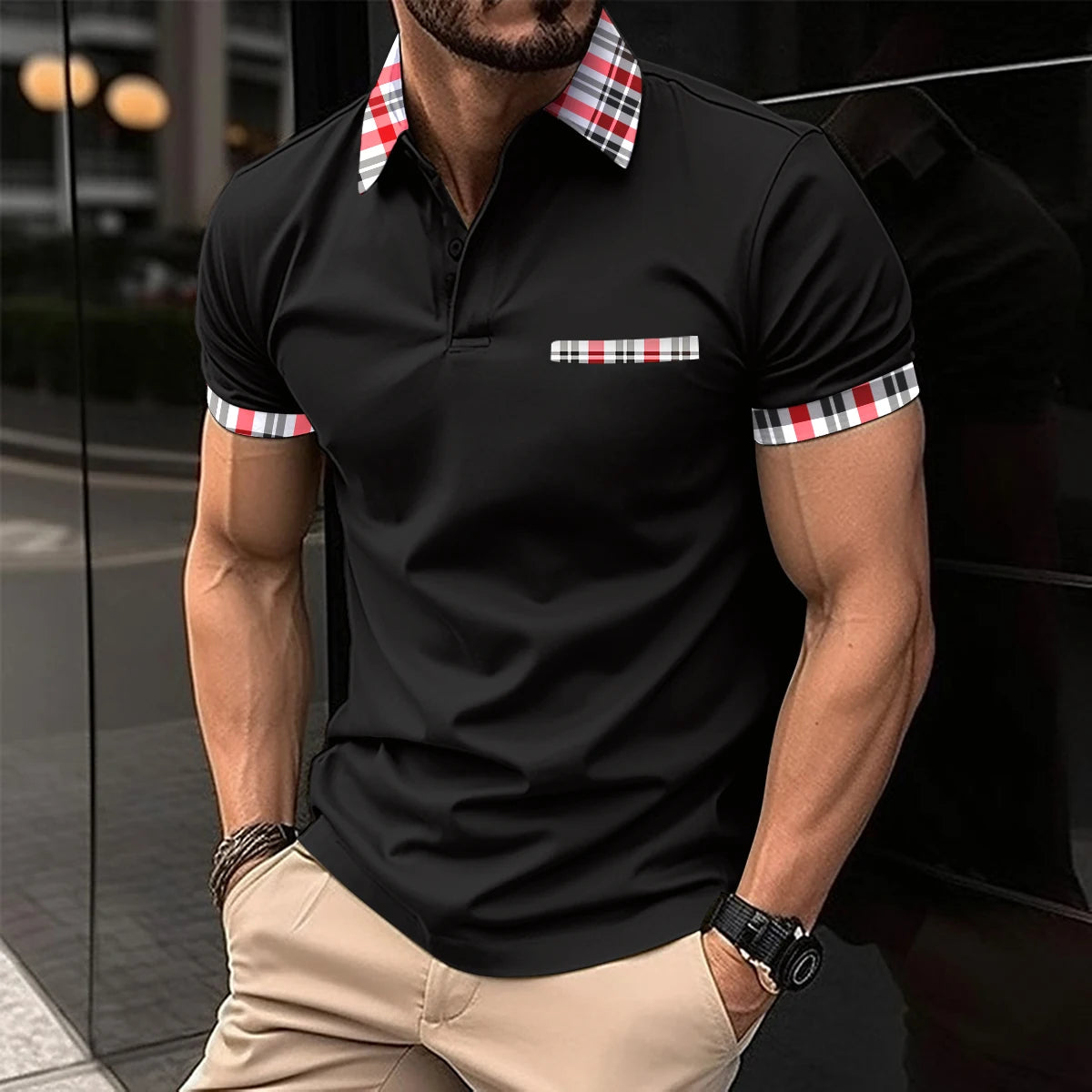 Men's Short Sleeve Polo Shirt with Splice Stripe Printing