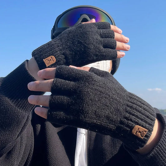 Men's Winter Half-Finger Gloves - Thick Alpaca Wool Knit