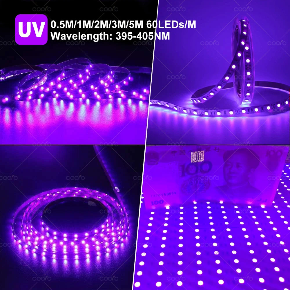 Bande lumineuse LED UV 395-405 nm – Lumière noire ultraviolette flexible pour fêtes lumineuses