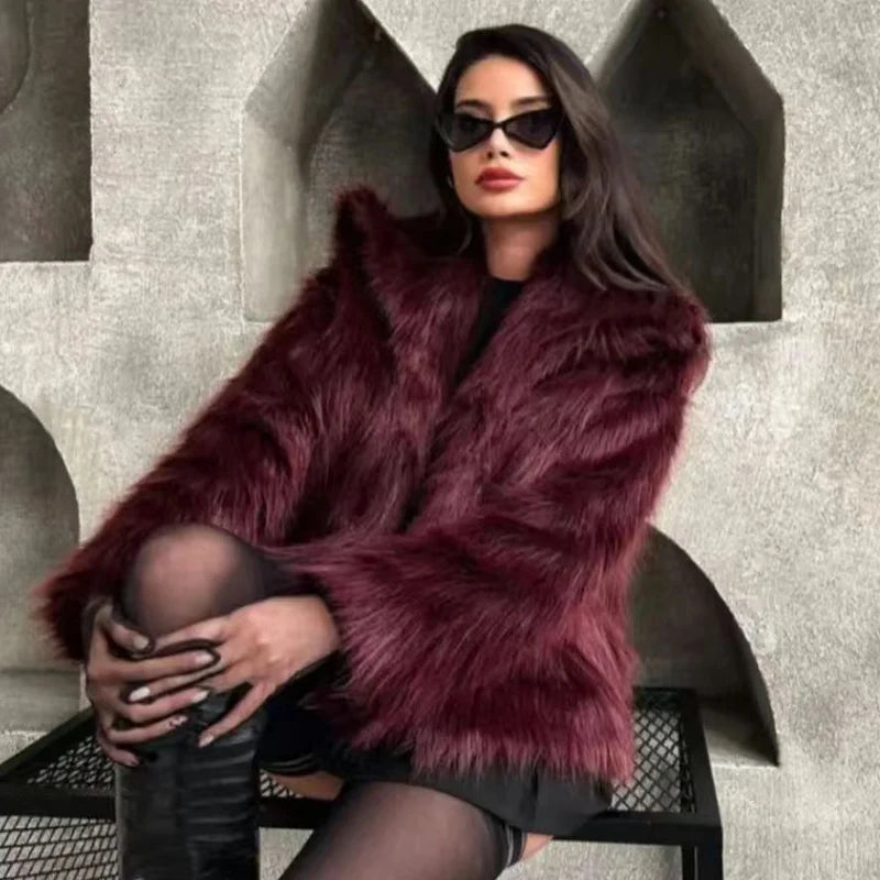 Blouson aviateur en fourrure pelucheuse bordeaux pour femme - Manteau d'hiver décontracté 