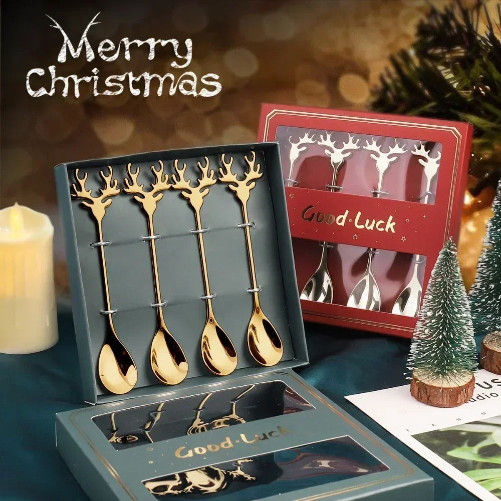 4pcs Elk-Shaped Stainless Christmas Coffee Spoons