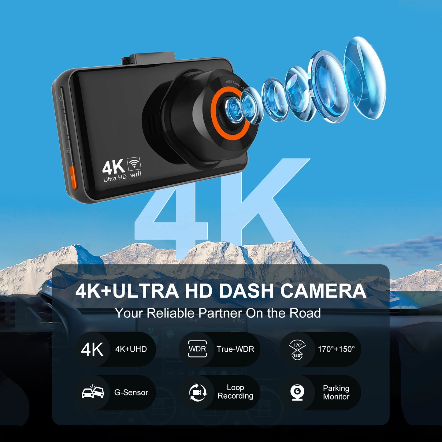 4K Dual Lens Dash Cam with Wi-Fi - Time-lapse - 24H Parking Monitor