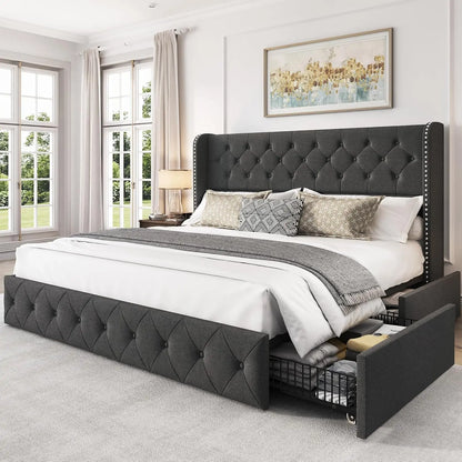 Queen Bed Frame with 4 Storage Drawers and Adjustable Headboard Upholstered Platform Bed