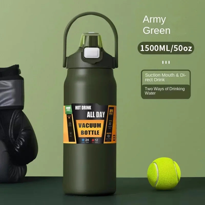 Thermos portable en acier inoxydable 304 avec paille – Bouteille isotherme de voyage