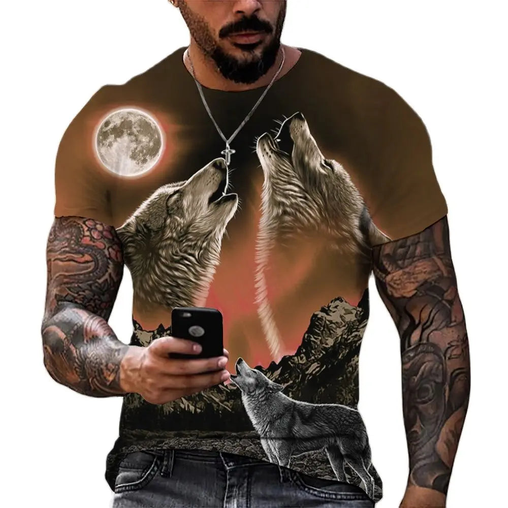 Men's 3D Wolf Print Oversized Streetwear Tee