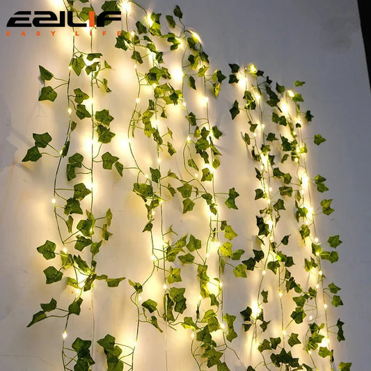 Guirlande de lierre à LED de 2 m - Feuilles vertes artificielles