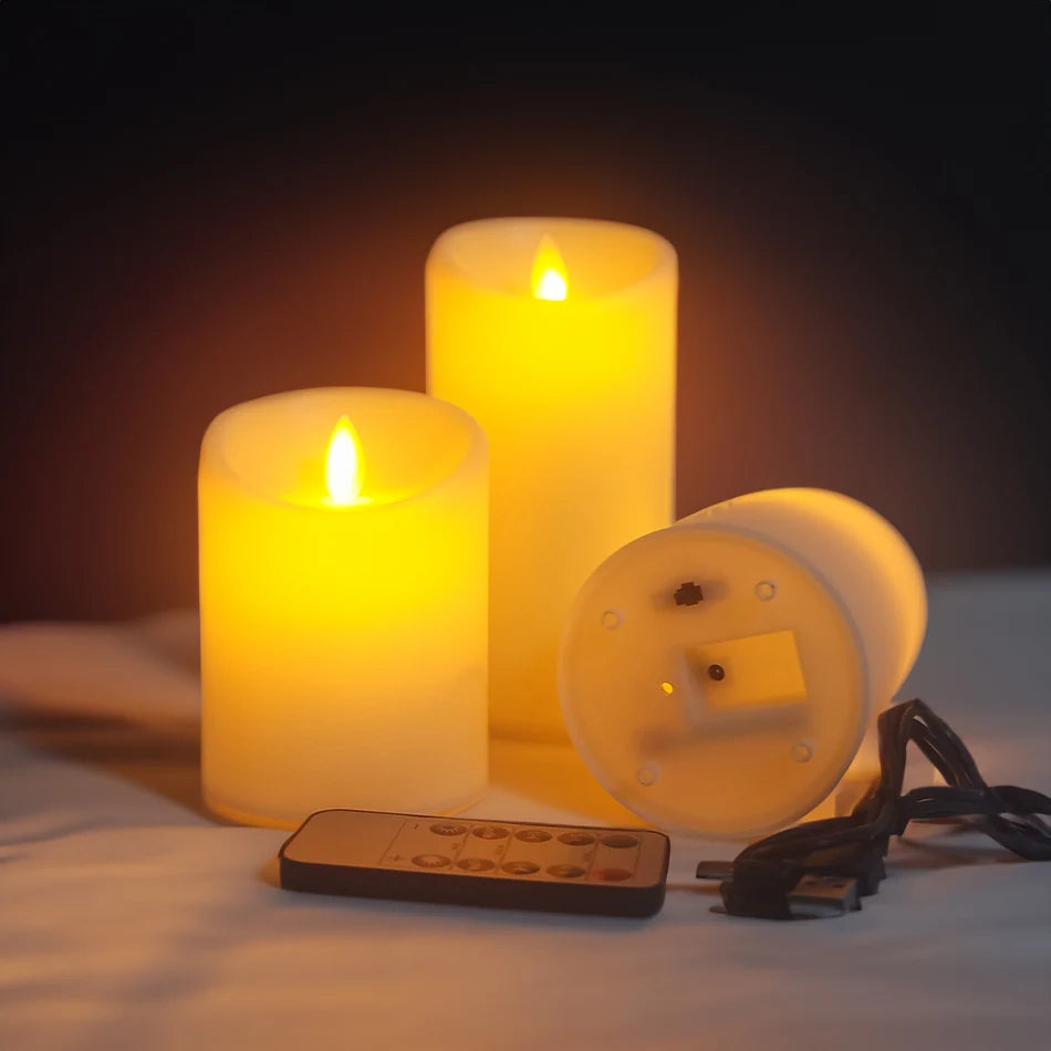 Lot de 3 bougies piliers LED sans flamme rechargeables par USB - Télécommande