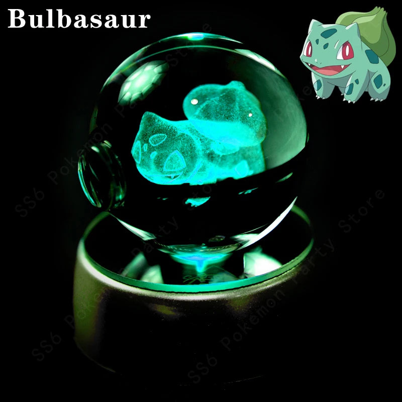 Pokemon Crystal Ball Night Light 3D Pikachu Gengar Mew Mewtwo Lamp Base Pokeball Glass Ball Figure