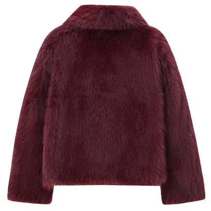 Blouson aviateur en fourrure pelucheuse bordeaux pour femme - Manteau d'hiver décontracté 