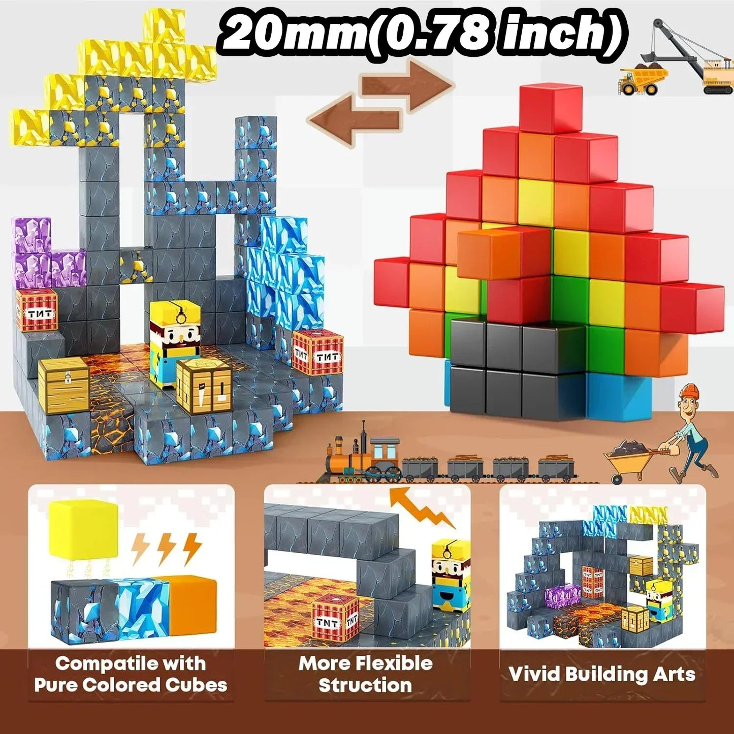 Magnetic Building Block Cube Mine World Set DIY Model STEM Sensory Toy for Kids Ages 3+ Boys Girls