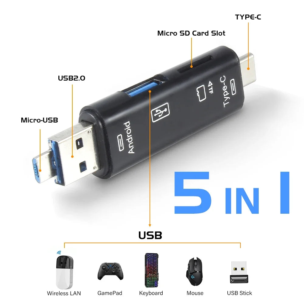 Type-C 5-in-1 Multifunction Card Reader for External Storage