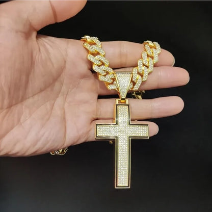 Collier pendentif croix brillante pour hommes et femmes avec chaîne cubaine