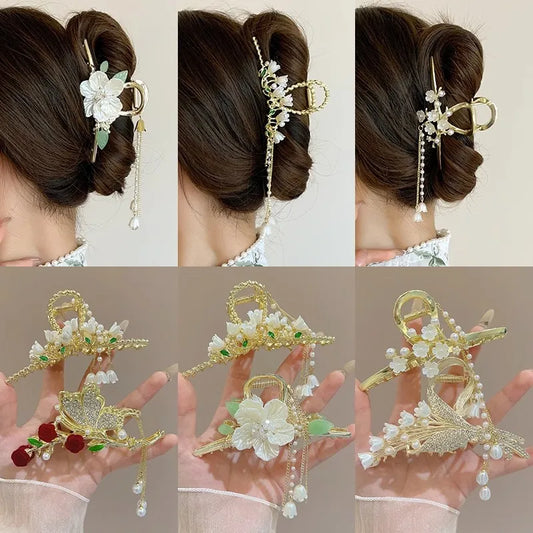 Pearl Orchid Tassel Hair Claw - Hanfu Headdress