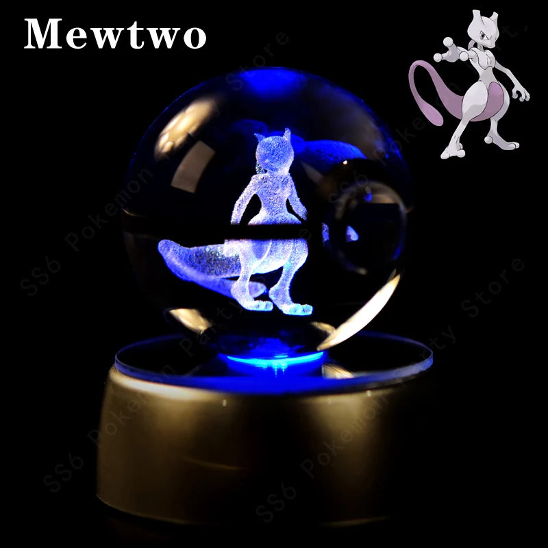 Pokemon Crystal Ball Night Light 3D Pikachu Gengar Mew Mewtwo Lamp Base Pokeball Glass Ball Figure