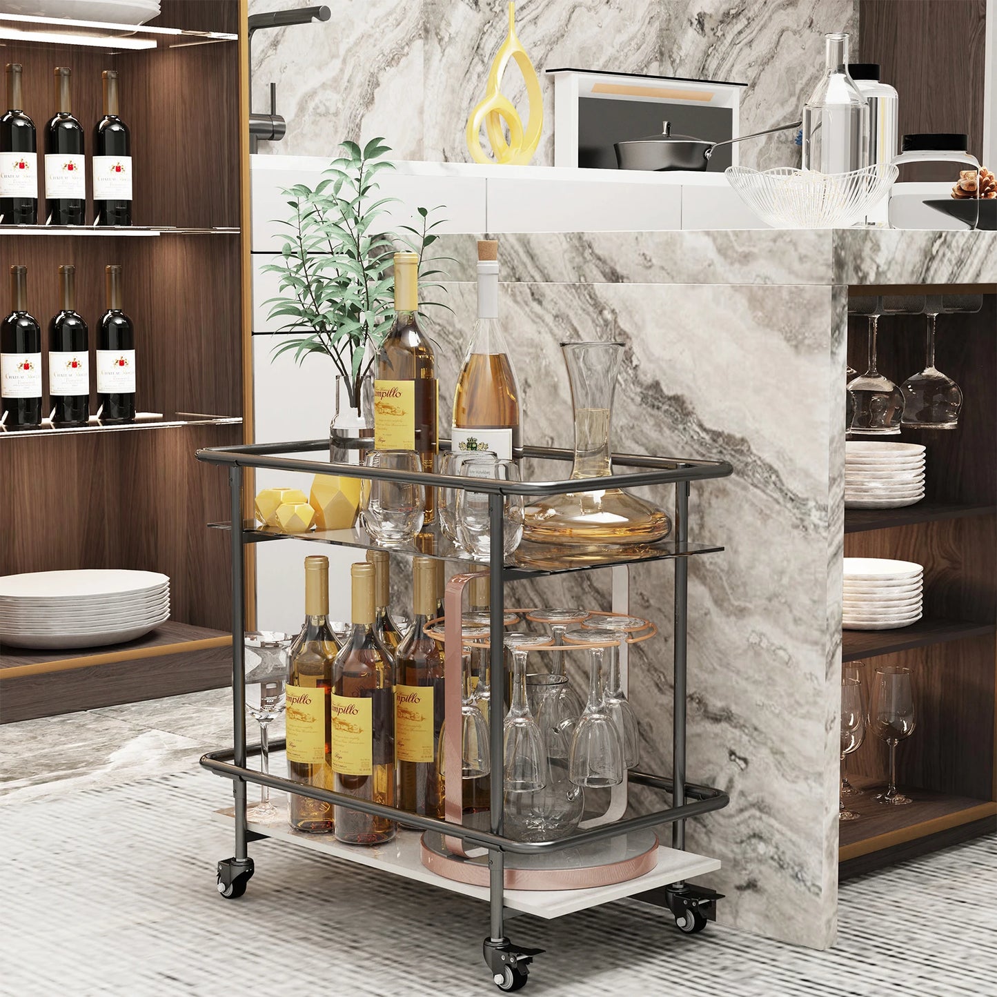 2-Tier Rolling Bar Cart & Lockable Wheels